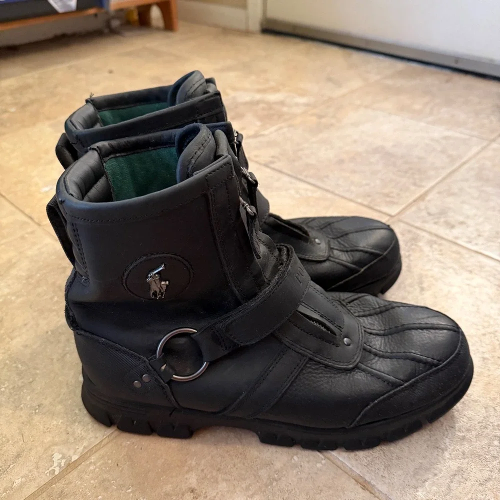 Polo Ralph Lauren Conquest Hi III Boots Mens 10.5 Black Leather Duck Zip Strap
